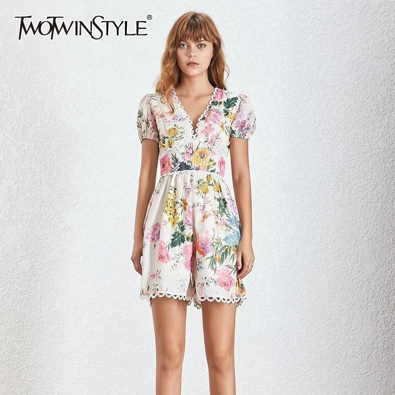 

TWOTWINSTYLE Hollow Out Patchwork Women Jumpsuit V Neck Short Sleeve High Waist Print Playsuit Female Fashion Summer 2019