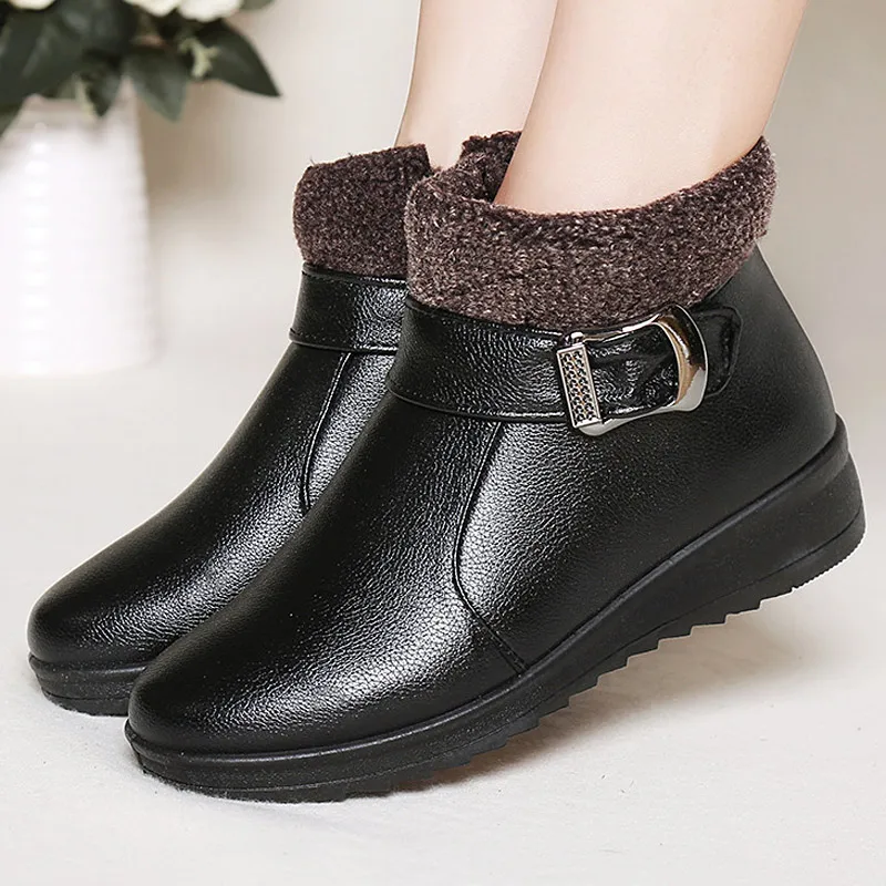 

Women Boots 2019 Fashion Buckle Pu Leather Winter Ankle Boots Women Shoes Waterproof Plush Insole Ladies Shoes Woman Snow Boots