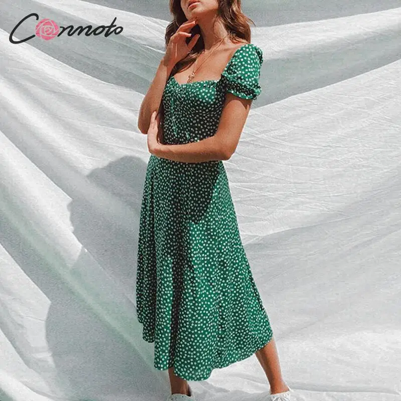 Goedkoop Conmoto Zomer Vintage Party Dress Vierkante Kraag Ruches Elegante Sexy Jurk Strand Vrouwelijke Groene Mid Jurken Vestidos
