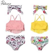 Летний купальный костюм для новорожденных девочек, купальный костюм укороченные топы с кисточками+ шорты с высокой талией и динозавром пляжный танкини