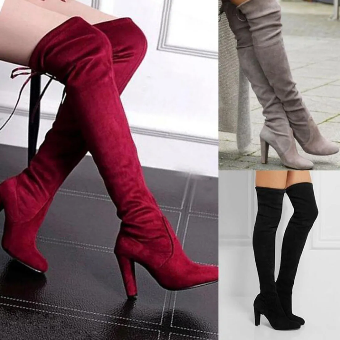 

GZHOUSE Women Flock Over the knee Boots Sexy Stretch Winter Boots Pointed Toe High Heels Thigh High Boots Black Gray Woman Shoes