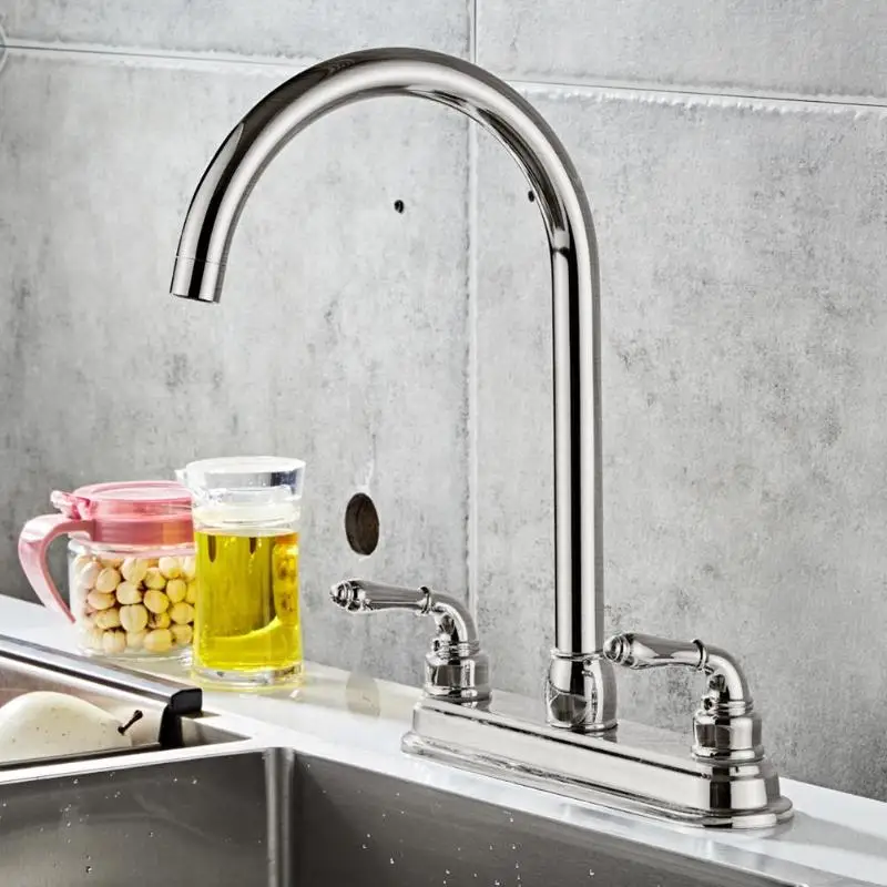 Stainless Steel 2-handle Kitchen Fixed Faucet Dual Hole Home Sink Water Tap
