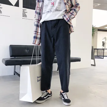 

2019 Korean Men Casual Loose Solid Color Small Straight Leg Cowboy Cotton Pants Slim Fit Jeans Wash Denim Trousers Homme S-2XL