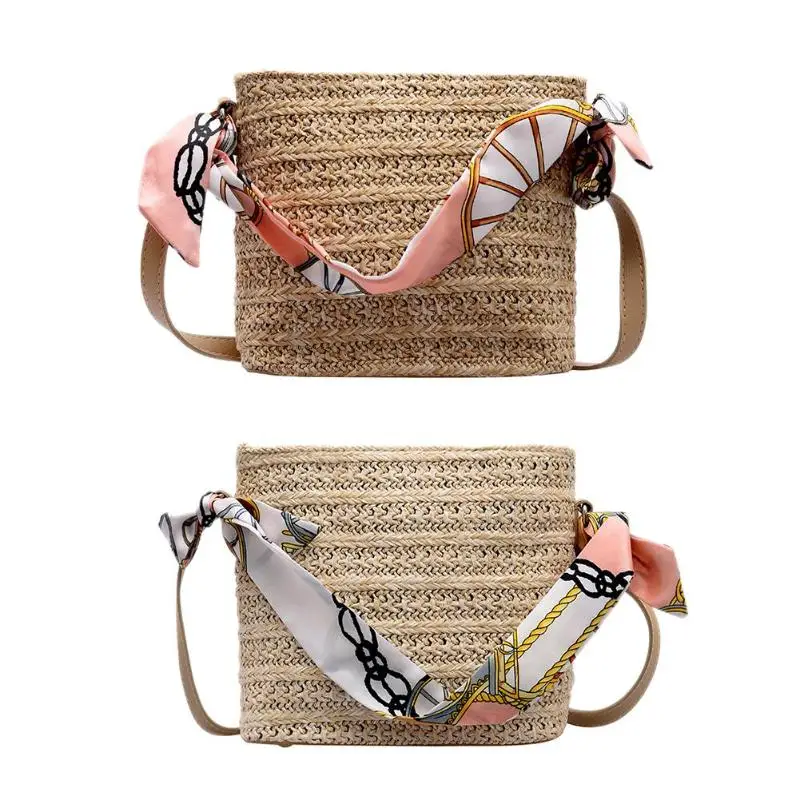 

Square Straw Bags Women Woven Beach Holiday Handbag Shoulder Messenger Tote Natural Barrel small Tote Round Handbag