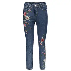 VESTLINDA 2019 для женщин джинсы для брюки девочек стильный середины талии цветочный вышивка карман Кнопка узкие Джинсы распродажа