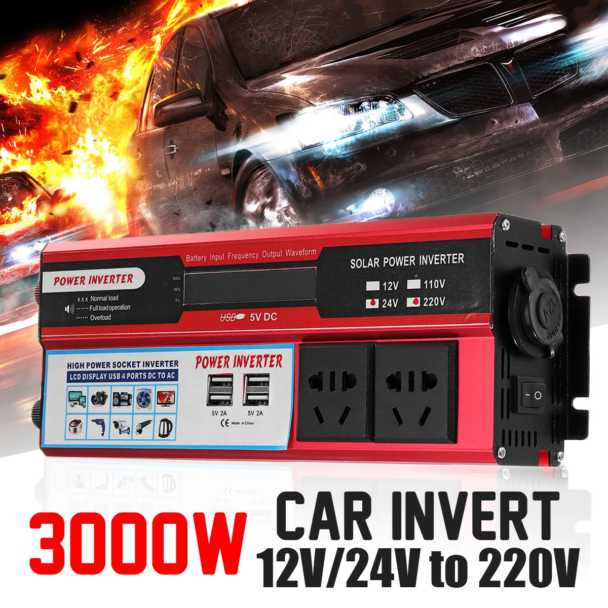 

Car Solar Power Inverter P eak 3000W DC 12/24V to AC 220V/110V Sine Wave USB Converter Protection 4 Interface AC Outlets Compaty