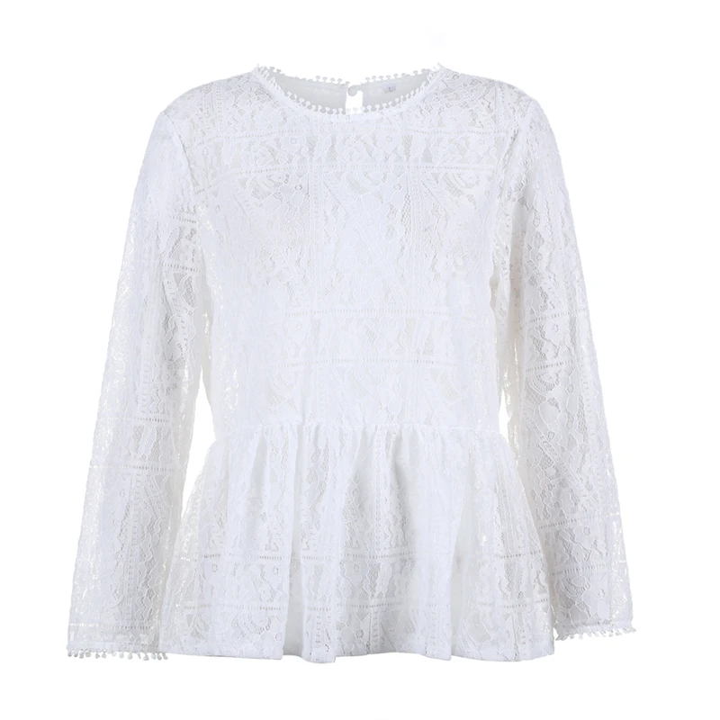 Fashion women ladies lace blouse and shirts tops blusas mujer o neck lace long sleeve slim transparent white blouse top tee