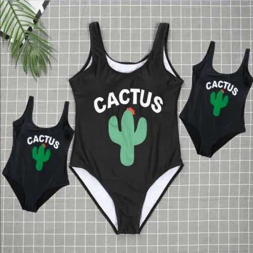 

New Fashion Mother Girls Matching Swimwear Mom Kids Cactus Print One-piece Swimsuit Parent-child Hot Beachwear