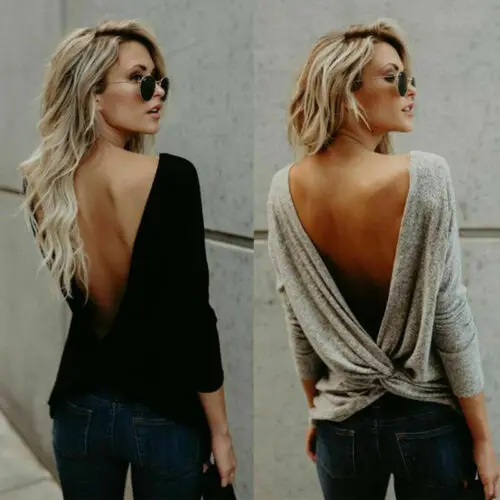 

2019 Backless Ladies Womens Top Blouses Fashion Women Long Sleeve Twisted Open Back Loose Tops Casual Shirt Blouse