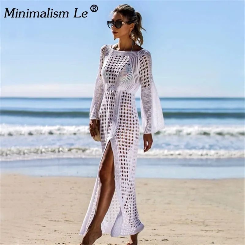 

Minimalism Le Sexy Hollow Cover Ups Women Knitting Mesh Beach Dress Bikinis Solid Beachwear Tunic Robe Rropa De Playa Mujer