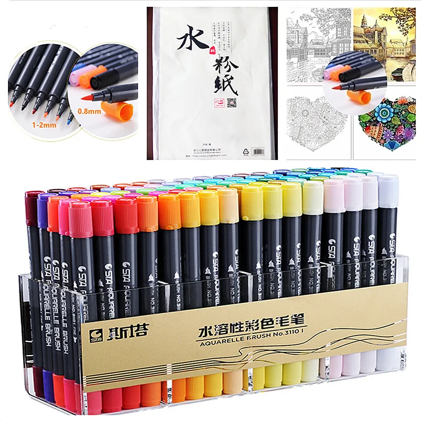 80 цветов, две головки, акварельная кисть, ручка, бумага для гуаши, маркеры для рисования, цветная манга, акварельная ручка для школьников