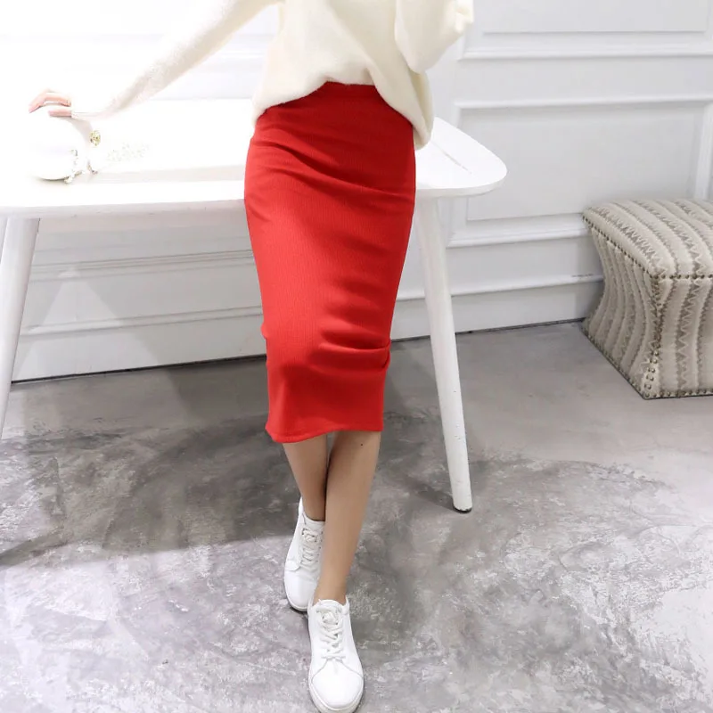 2019 осень весна Bodycon юбка для женщин эластичный разделение до середины икры Облегающие юбки-карандаш для женский вязаная