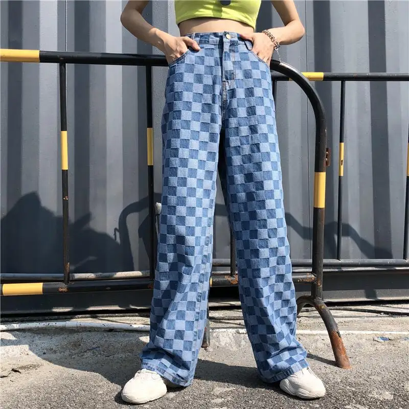

Harajuku Vintage Ins Hot Plaid Pattern Washed Unisex Loose Long Pants Jeans