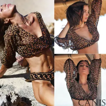 

Hot New Women's Ladies Summer Leopard Loose Tops Long Sleeve Summer Sunscreen Of Beach Swimsuit Smock