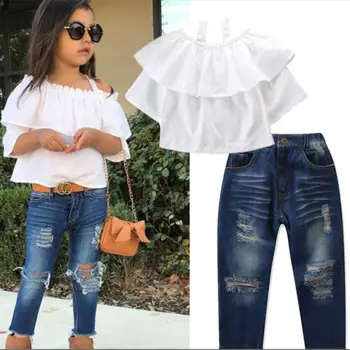 

2PCS Casual Toddler Baby Girls Tops T-shirt+Jeans Trousers Pants Clothes Outfits