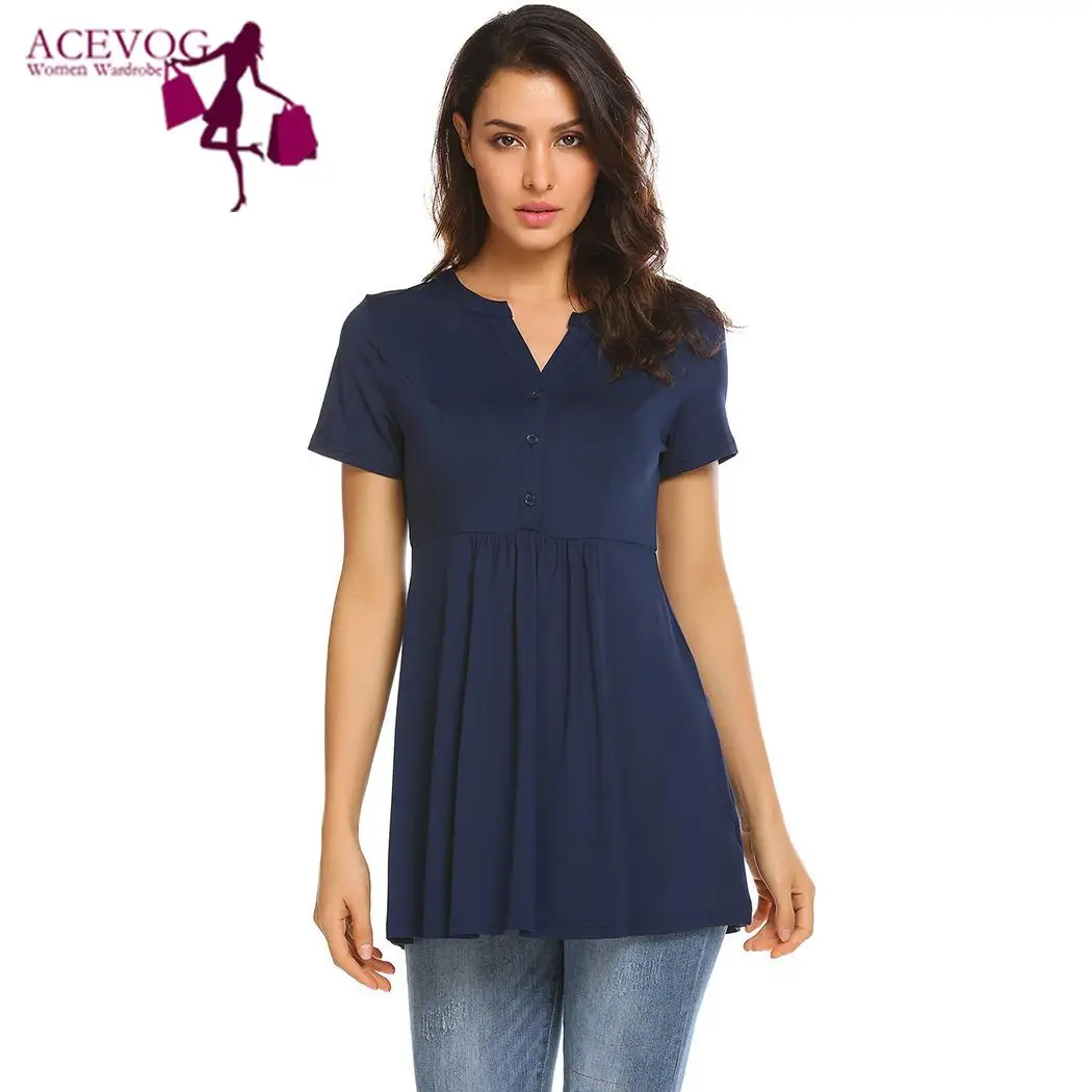 ACEVOG Chiffon Blouse Women's Notch V Neck Short Sleeve