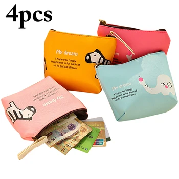 

4pcs Unisex Leather Purse Card Key Cute Cartoon Animal Mini Purse Pouch Canvas Bag Small Zipper Coin Purse Card Holder Wallet
