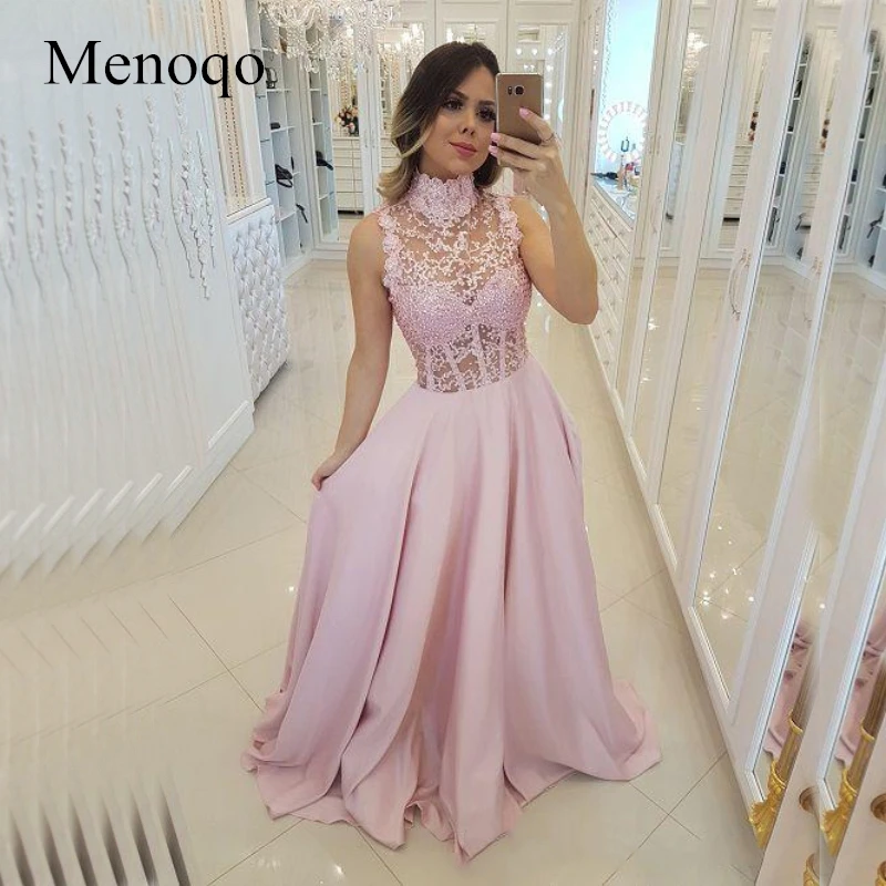 

High Neck Pink Evening Dresses 2019 Sheer Bead Lace Boning Evening Gowns See Through Party Ball Dress Formal Gown