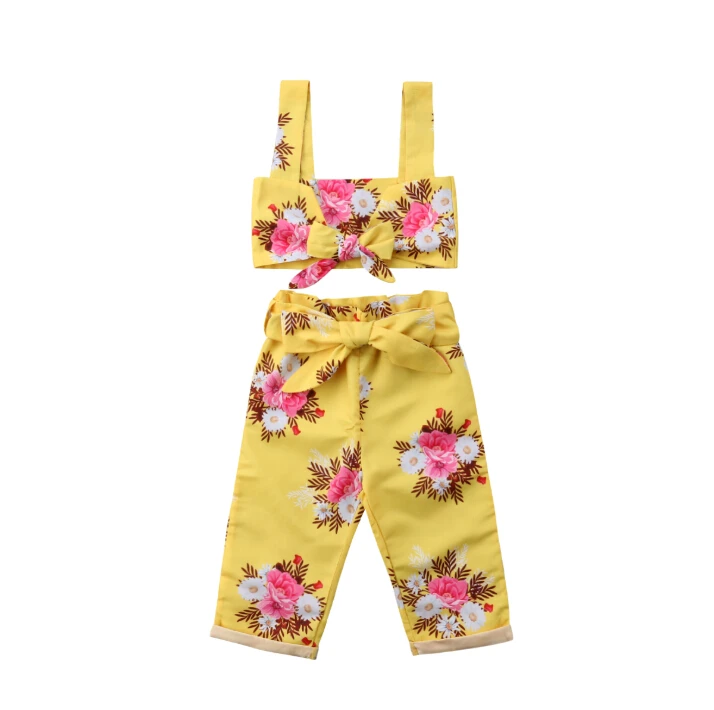 

Summer Princess Baby Girl Outfits Bandage Bandeau Vest Tank Tops+Floral Waist Belt Pants 2Pcs Set Fashion Toddler 2019 Hot Set