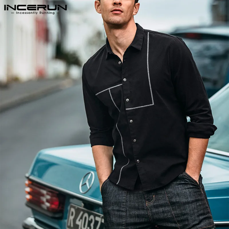 INCERUN Men Dress Shirt Cotton Long Sleeve Cool Streetwear