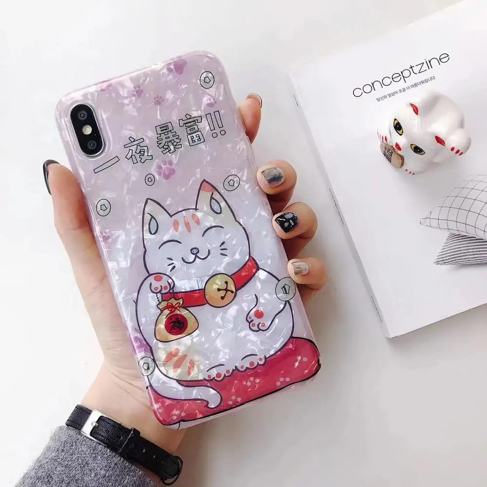 

Lovely Lucky Rich Cat Shine Pearls Phone Case Glossy Soft TPU Back Cover Casing For iPhoneXsmax 6s 7/8plus XR Shell Protection