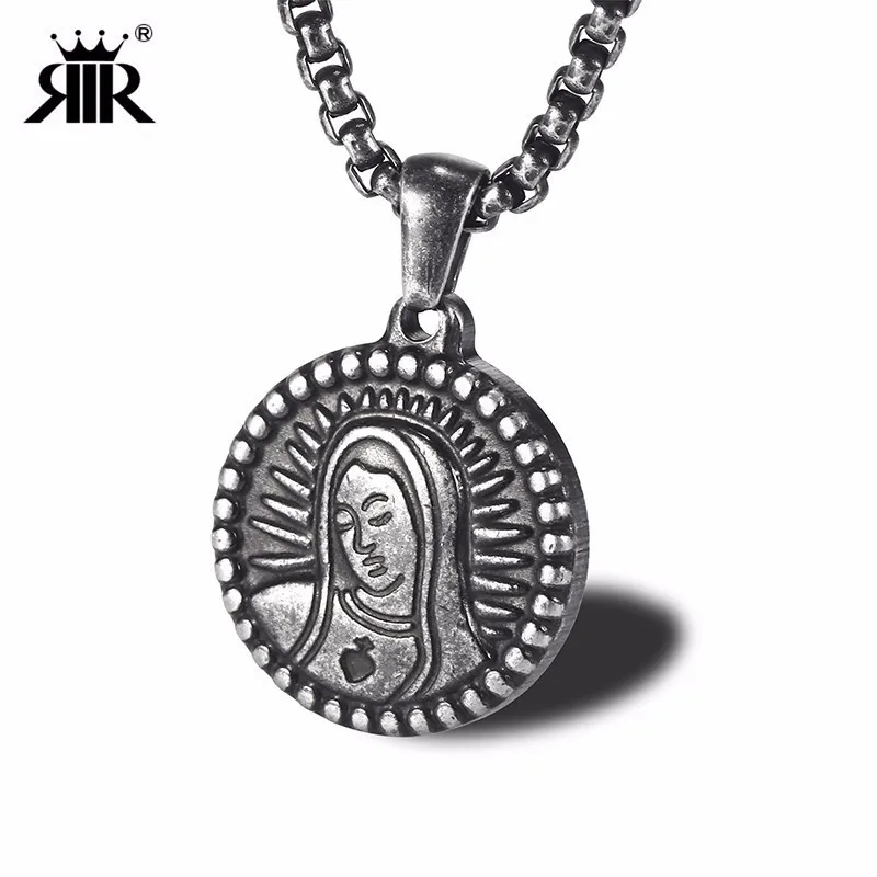 

RIR Stainless Steel Vintage Color Virgin Mary Round Pendant Necklace Exquisite Catholic Medal Jewellery Necklaces Gift For Man