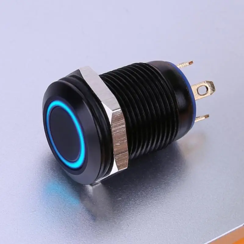 

12mm Waterproof Flat Head Top Metal Momentary Push Button ON-OFF Switch with Circular Blue LED Light Car Motorcycle Swictch New