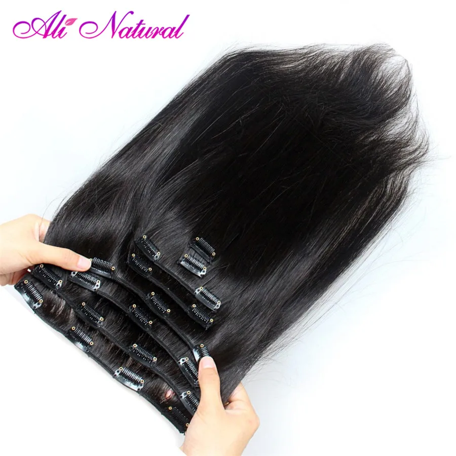 Malaysian Straight Hair Clip in Human Hair Extensions 2 Sets Natural Color Non Remy Hair Clip in
