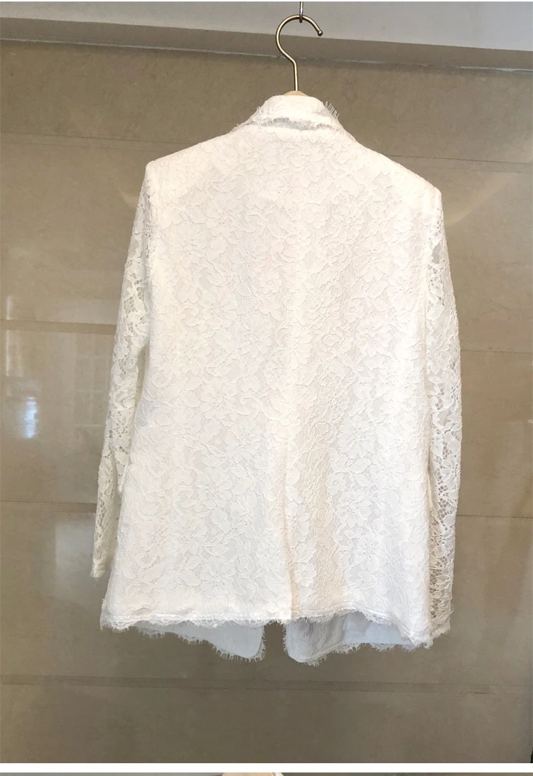 2019 Autumn White Lace Blazer Women Long Sleeve Flower Embroidery Pearls Notched Blazer  OL Work Suit Jacket Coat Outerwear