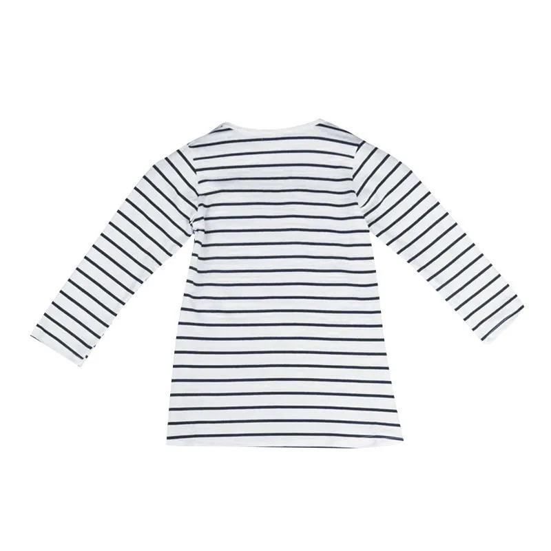 Summer  Striped Patchwork Character Girl Dresses Long Sleeve Cute Mouse Children Clothing Kids Girls Dress Denim Kids Clothes