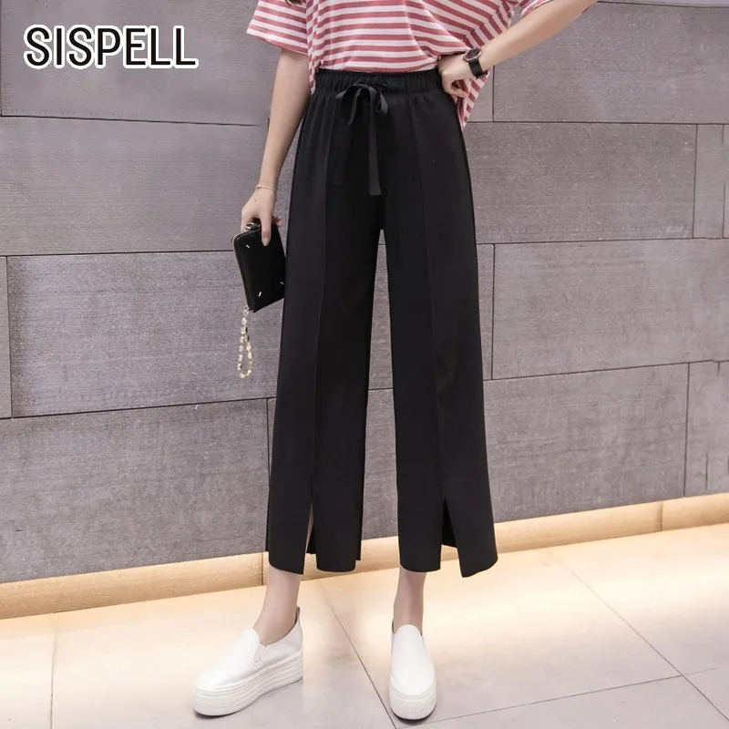 

SISPELL Summer Casual Solid Wide Leg Pants For Women High Waist Bandage Bow Loose Ankle-Length Pant Female Fashion New Tide 2019