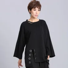 1445 весенне-осенняя черная футболка с длинным рукавом «летучая мышь», женская фирменная футболка с круглым вырезом, уличная футболка с разрезом, Femme