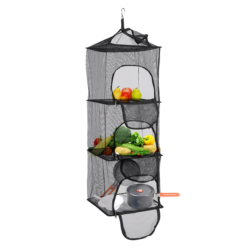 

3 Layers Vegetable Fish Dishes Mesh Hanging Dry Net Portable Collapsible Drying Rack Net Shelf Basket with Storage Bag Outdoor