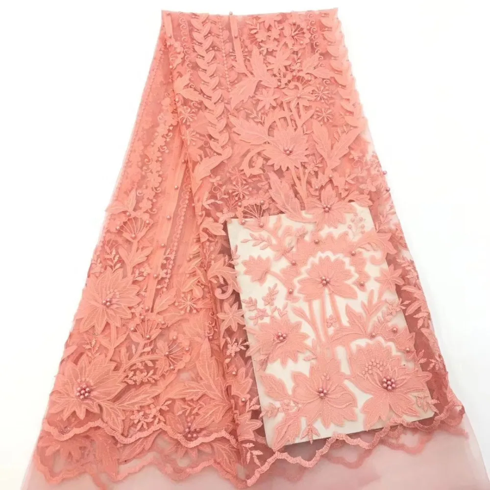 

Latest peach African french lace fabric 2018 high quality Swiss voile lace embroidered beaded tulle guipure mesh Nigerian laces