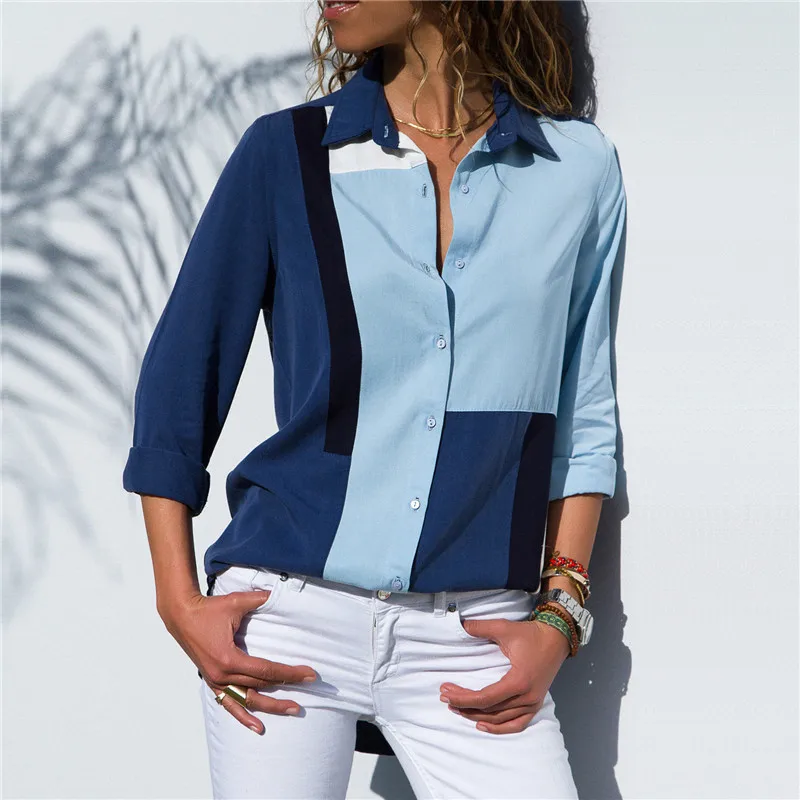 

2018 Fashion Women Blouses Casual Patchwork Chiffon Shirt Turn Down Collar Long Sleeve Office Ladies Work Shirts Plus Size Tops