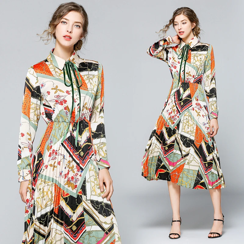 

Runway Designer 2019summer chiffon print Women Bow Tie Collar Flower Printing Pleated Dress bow tie up neck