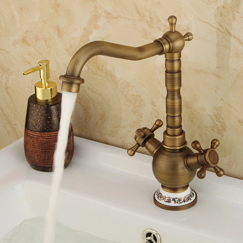 

1 Pc Copper Faucet European Style Elegant All-copper Vintage Hot And Cold Water Sink Rotary Basin Faucet for Bathroom Hotel