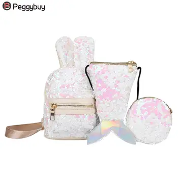 

3pcs/Set Mini Shining Sequins Backpack Rabbit Ears Rucksack Cartoon Zipper Leather Women Backpack