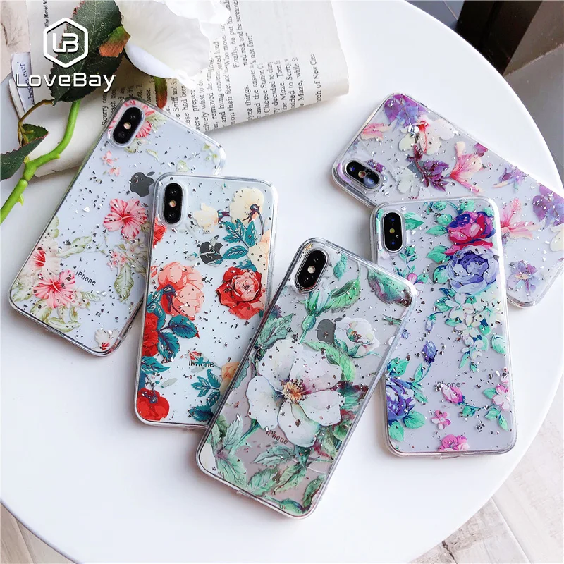 

Lovebay Phone Case For iPhone 6 6s 7 8 Plus X XR XS Max Gloss Gold Silver Foil Floral Camellia Flowers Soft TPU For iPhone X