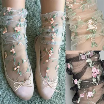

Sexy Ladies Chiffon Socks Lace Embroidery Floral Women Girls Transparent Flower Silk Thin Socks Fashion Female See Through Socks