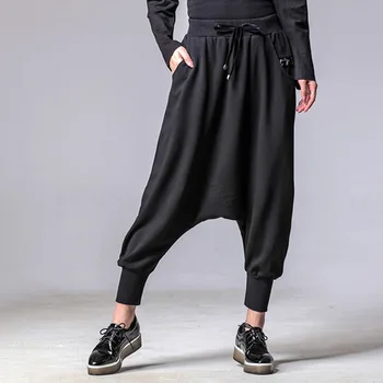 

2019 New Spring Winter High Elastic Waist Black Loose Pocket Long Brief Harem Pants Women Trousers Fashion Tide