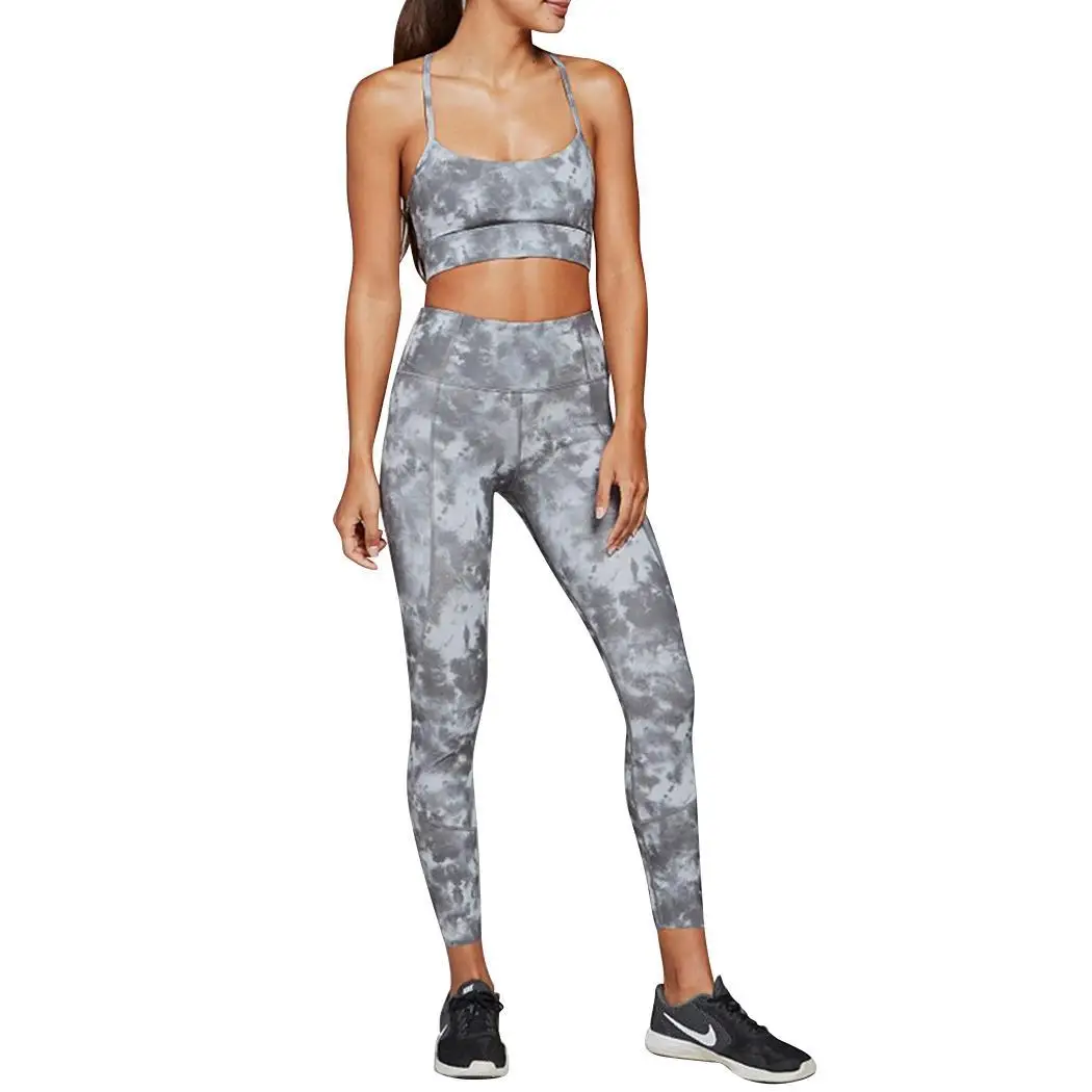 

Women Spaghetti Strap High Waist Floral Print Casual, Sport Fitness Yoga Set Bra Rib Leggings Full-Length