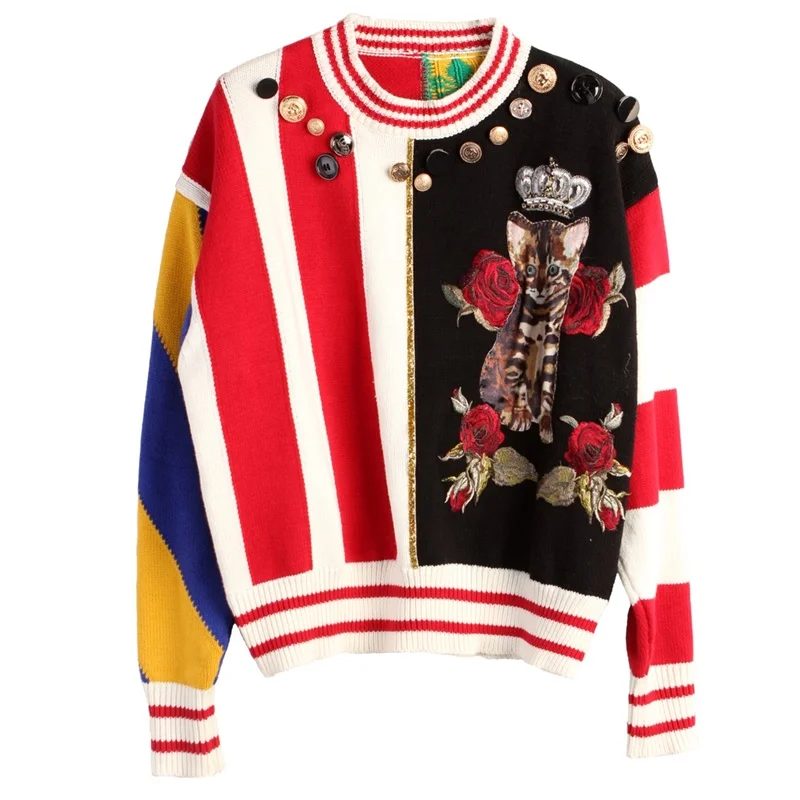 

Harajuku Winter Vintage Runway Sweater Women 2019 Casual Striped Cat Flower Buttons Gold Knitted Pullover Jumper Jersey Mujer