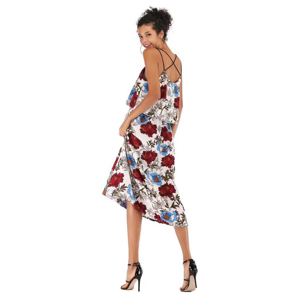 2019New Elegant Chiffon Women Dress Summer Off Shoulder Floral Print Boho Style Mid-Length Party Beach maxi dress