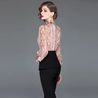 Fashion Designer Runway Suit Sets 2019 summer Women's Lantern Sleeve Leopard Patchwork Printed Blouse + Pants 2 Piece Set Women