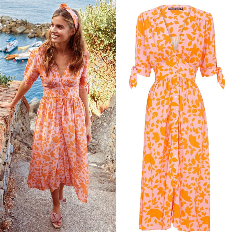 

Women's Summer Boho Floral Long Dress Lady Flowers Short Sleeves Party Beach Sundress High Waist Swing Dresses Women Clothing