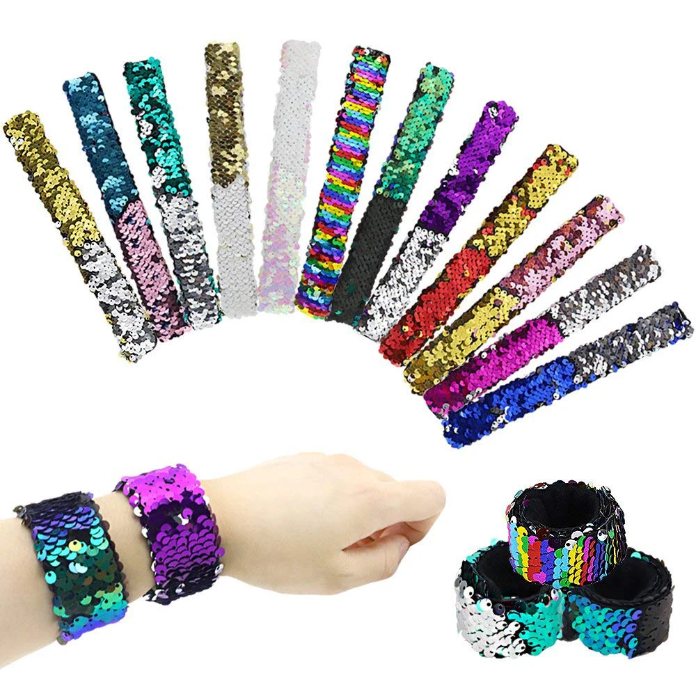 

12 Pack Little Mermaid Magic Charm Reversible Sequin Slap Bracelets, Birthday Party Favors Supplies Gifts for Girls Kids