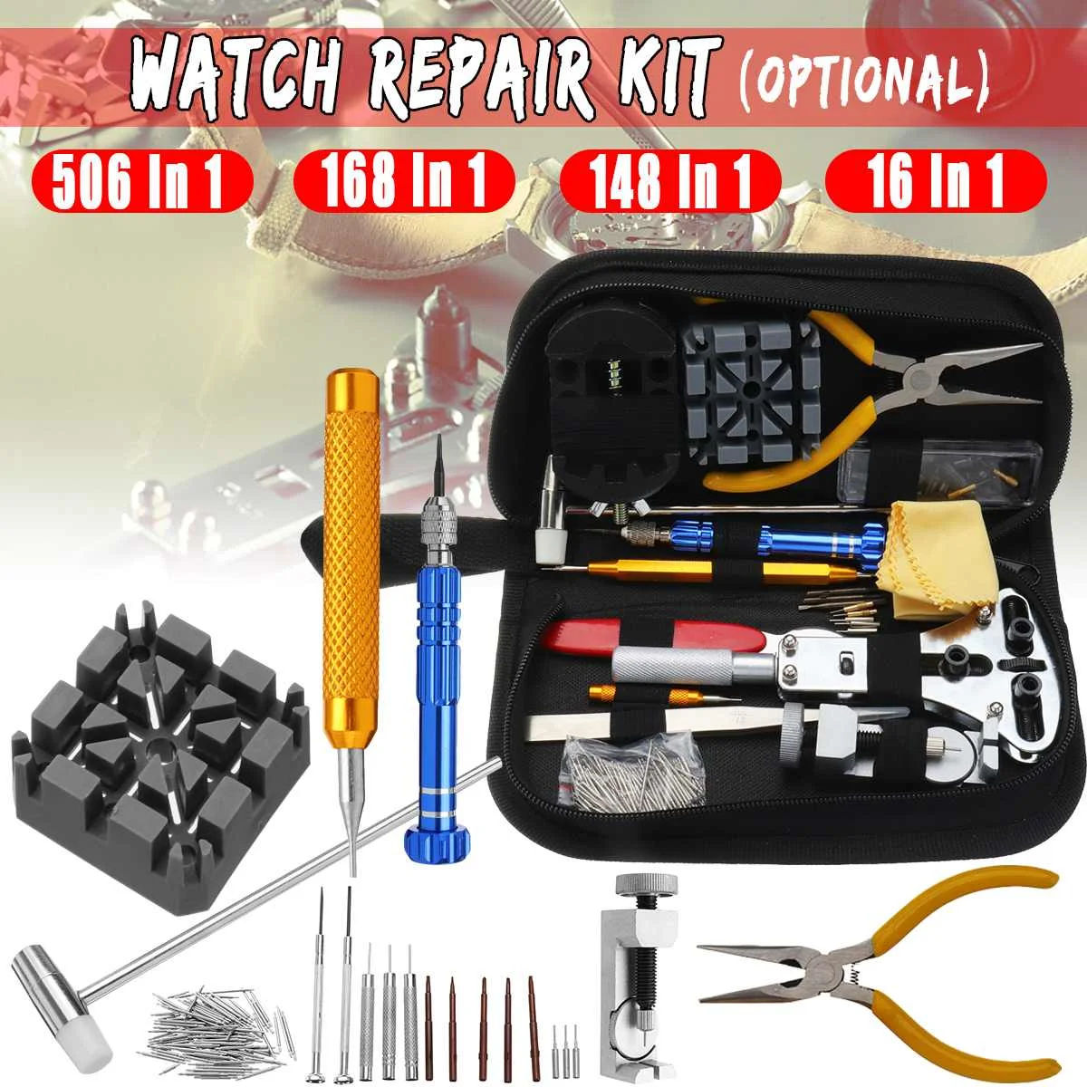 

Portable 506/168/148/16Pcs Set of Repair Table Tools Watch Clock Repair Kit Opener Link Pin Remover Set Spring Bar Watchmaker