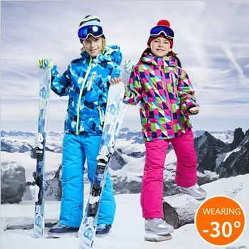 

-30 Children brand ski suit boy girl kids snowboard suit Set Waterproof outdoor sports jacket pants clothes snowsuit teen 12 14