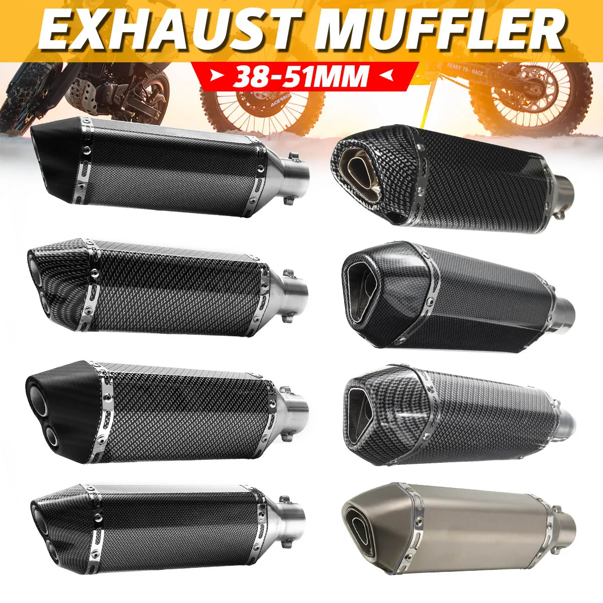 

38-51mm Aluminum Motorcycle Motobike ATV Carbon Fiber Exhaust Muffler Pipe With Removable For Dirt Bike Street Bike Universal